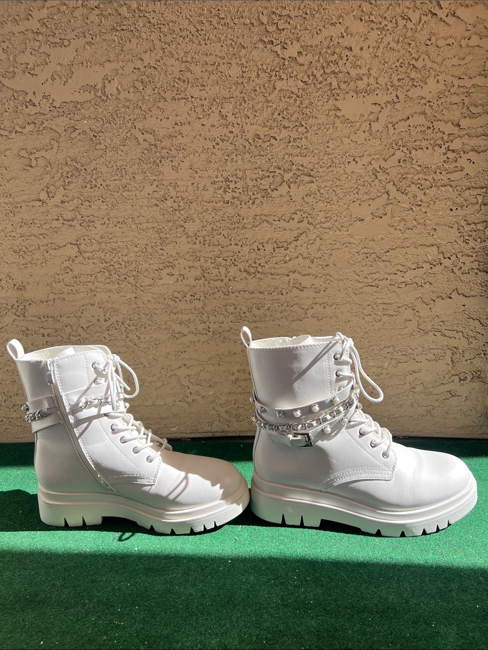 White Lace-Up Combat Boots with Chain Accent